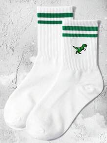 1 Pair Unisex Striped Dinosaur Casual INS Moisture-Wicking Funny Cute Crew Socks