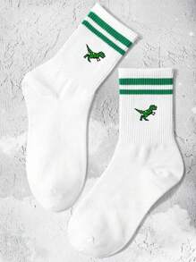 1 Pair Unisex Striped Dinosaur Casual INS Moisture-Wicking Funny Cute Crew Socks