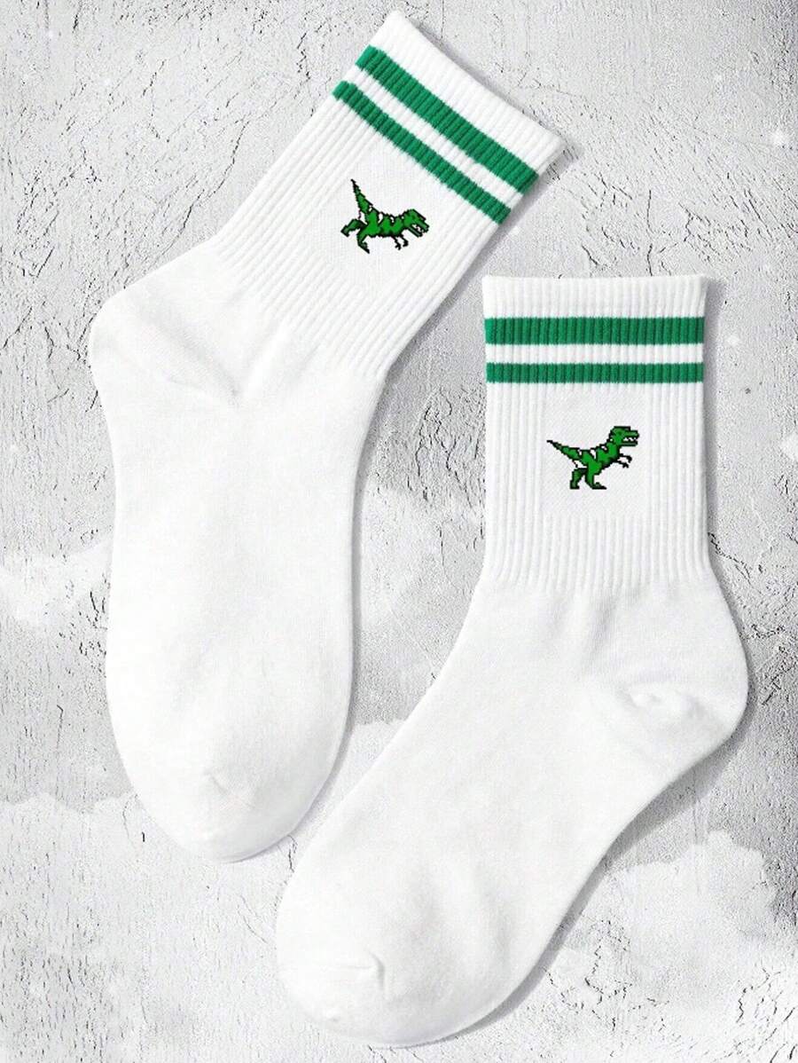 1 Pair Unisex Striped Dinosaur Casual INS Moisture-Wicking Funny Cute Crew Socks