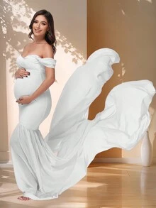 露肩美人鱼下摆孕妇装，适合拍摄照片 - 白色 - 查看 1