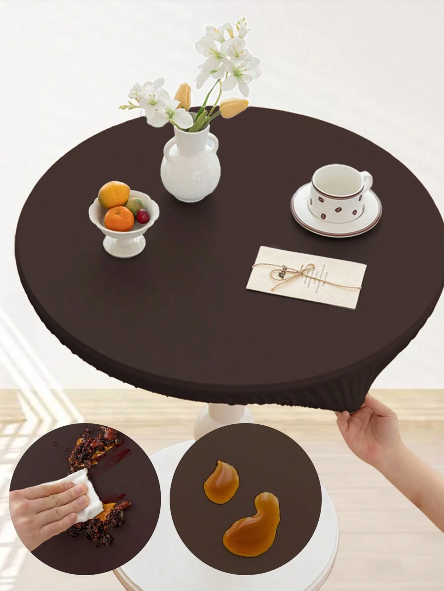 1pc Round Solid Color Waterproof Tablecloth, Simple Style, Oil-Proof, Dust-Proof, Table Cover Protector, Suitable For Desk, Dining Table, Coffee Table,Kitchen And Dining Room,Home Decor - Coffee Brown - View 1