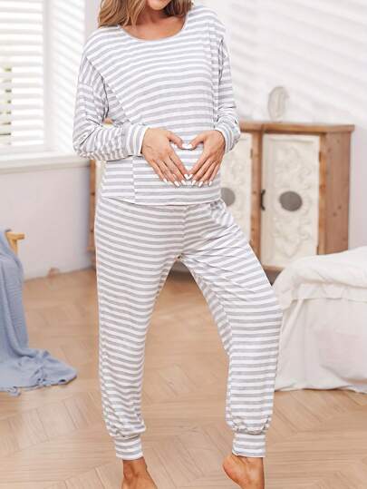 Conjunto de 2 peças para maternidade - moletom com gola redonda e estampa listrada e calças casuais
