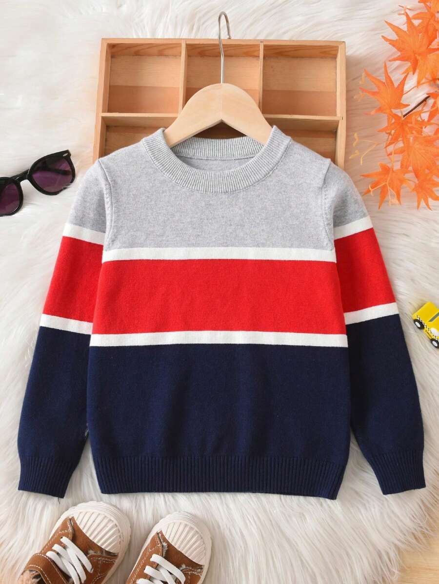 Young Boy School Style Striped Pullover Sweater, Suitable For Spring, Autumn And Winter - Grey - View 1