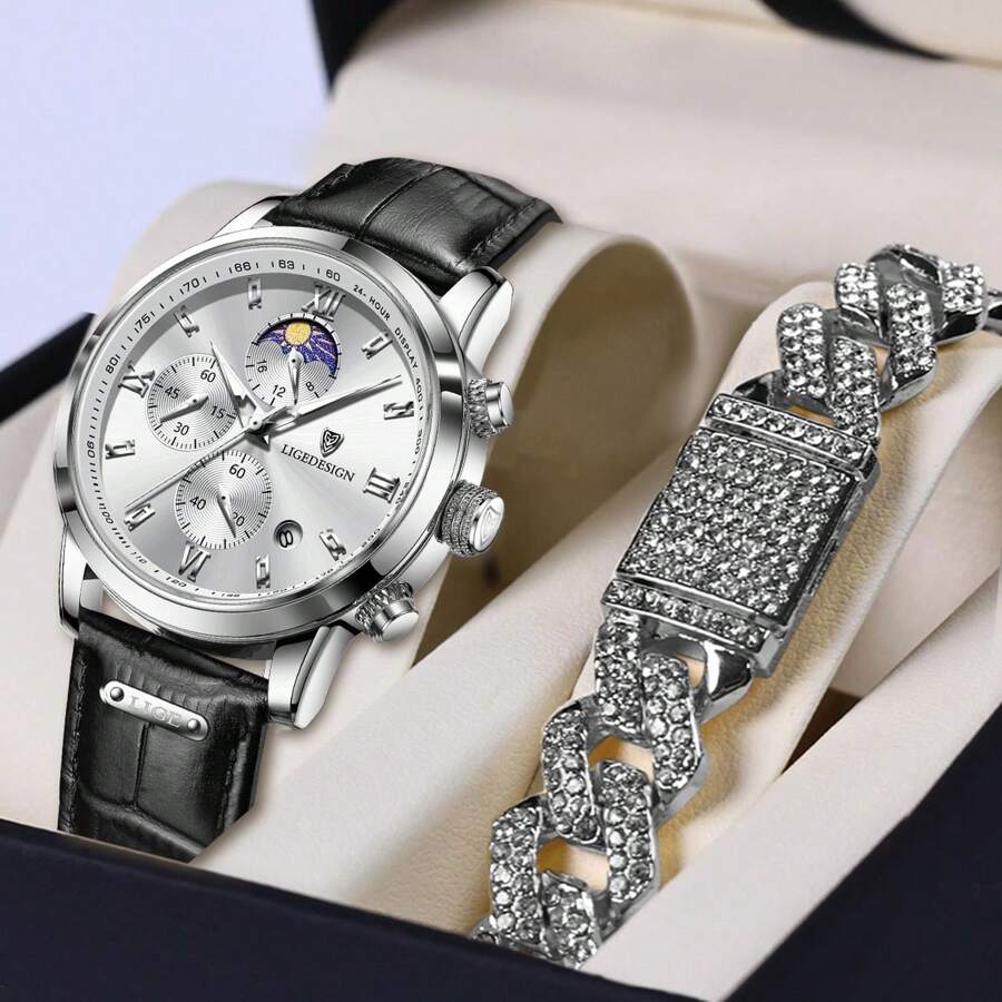 Đồng hồ thạch anh thời trang nam LIGE mặt trời và mặt trăng chống nước đa chức năng lịch hộp quà tặng cho cha - màu đen - Xem 1