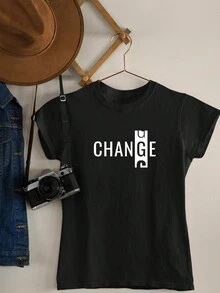 Women's T Shirt Baby Look Motivational Phrases Change Change Tumblr Various Colors 100% Cotton - 黑色 - 查看 2
