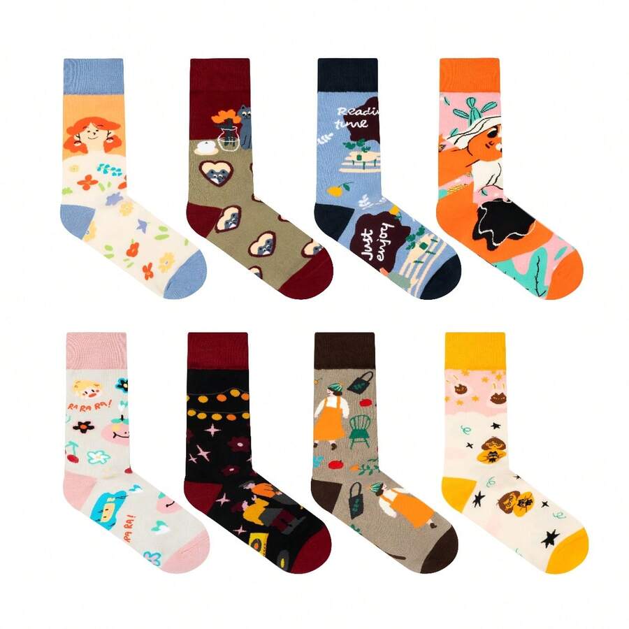 Set Of 12 Pairs Socks Korean Style Series Unisex Printed Long Socks Sports Socks Cotton Running, Seasons Spring Summer Autumn And Winter, For Daily Use, Durable Fabric - Ideal Gift, Various Styles And Colors, Random Delivery