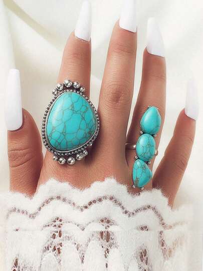 2 piezas Juego de anillos de estilo bohemio ajustables con turquesa para uso diario de mujeres