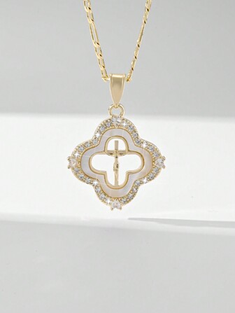 1pc Fashionable & Simple Four-Leaf Clover Shape Copper Inlaid Cubic Zirconia Natural Shell Cross Pendant Necklace With Best Wishes Gift Box, Suitable For Gifts, Couples, Friends, Daily & Holiday Wear Valentines,Mom,Mother,Mother's Day,Gift