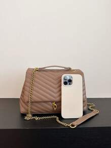 Camel Quilted Embroidery Metal Chain Geometric Crossbody Bag For Women, Casual & Office - Camel - View 7