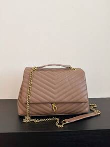 Camel Quilted Embroidery Metal Chain Geometric Crossbody Bag For Women, Casual & Office - Camel - View 6