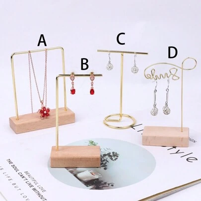 1pc Wooden Base Metal Frame Round Jewelry Display Stand Flat Ring Earring Prop For Countertop, Live Broadcast