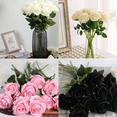 5/10 件白色粉紅色黑色香檳玫瑰人造花散裝假絲玫瑰花束長莖人造玫瑰逼真花朵婚禮家居裝飾插花派對餐桌擺設道具用品