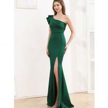 Evening Dress Women's Noble Elegant Sexy Model Car Model Single-Shoulder Sloping Shoulder Slim Fit Long Dress - 水鴨藍 - 查看 3