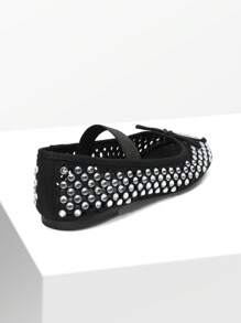 Women's Bow Knot Ballet Flat Mary Jane Round Toe Hot Diamond Hollow Out Upper Comfortable Fashionable All-Match Party Shine Dancing Flat Shoes - 黑色 - 查看 10