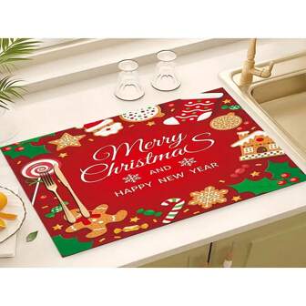 1pc Christmas/White Letter Printed Waterproof & Quick-Dry Dish Drying Mat, Strong Absorbency Conceals Stains, With Non-Slip Rubber Backing, Multipurpose For Kitchen Cabinet, Coffee Machine, Countertop