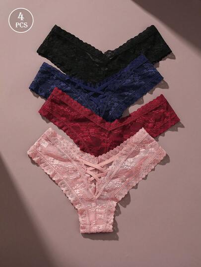 4PCS Women's Sexy Hollow Out Small Flower Thong With Lace Cross Strap, Sexy Thong Underwear, Lingerie
