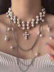 1pc White Multi-Layer Pearl Cross Tassel Necklace, Elegant And Fashionable Pearl Chain Necklace For Women, Halloween Party Jewelry