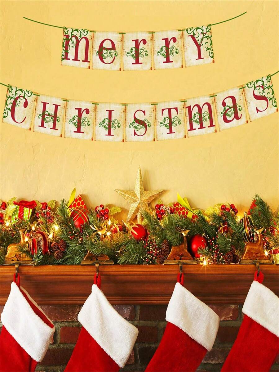 AFYPRTY 1 juego Pancarta de papel de Feliz Navidad, decoraciones navideñas vintage para suministros de árbol de Navidad, decoración del hogar fiesta de Navidad, decoración de fondo de Papá Noel, muñeco de nieve, alce, guirnalda