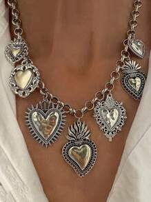 1pc Chunky Jewelry Vintage Gothic Heart Shape Multi-Pendant Halloween Necklace With Heart Lockets, Antique Silver And Gold, Red Hearts, Thick Chain For Women, Suitable For Halloween Party Valentines,Mom,Mother,Mother's Day,Gift