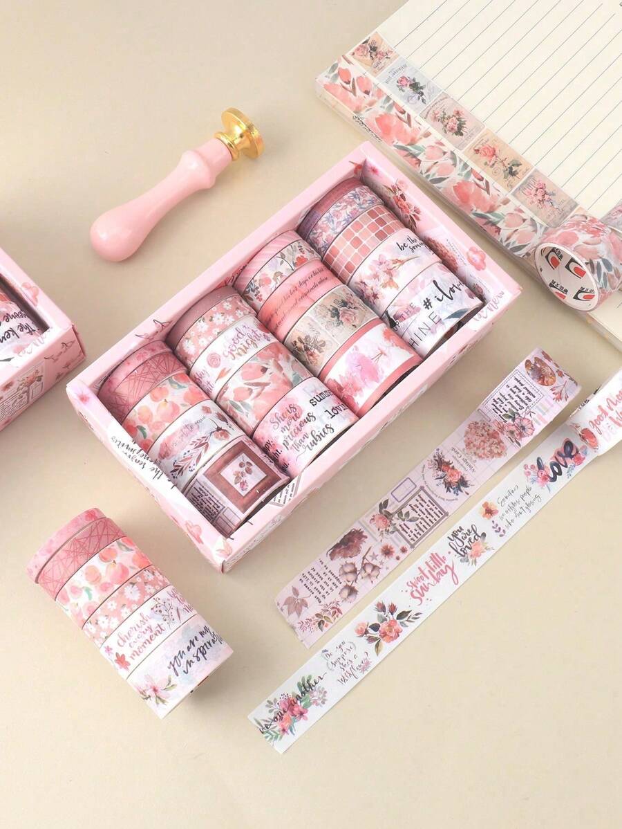 20捲復古花卉和植物印花和紙膠帶套裝，創意手工藝術黏貼帶，時尚裝飾材料日記帶，學生文具和禮品包裝用品，附帶分配盒