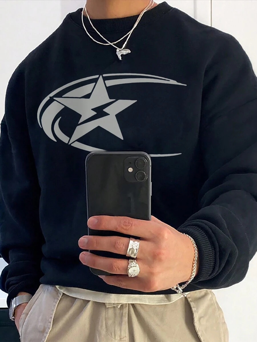 Men Round Neck Printed Long Sleeve Casual Loose Comfortable Sweatshirt, Fall - Black - View 1