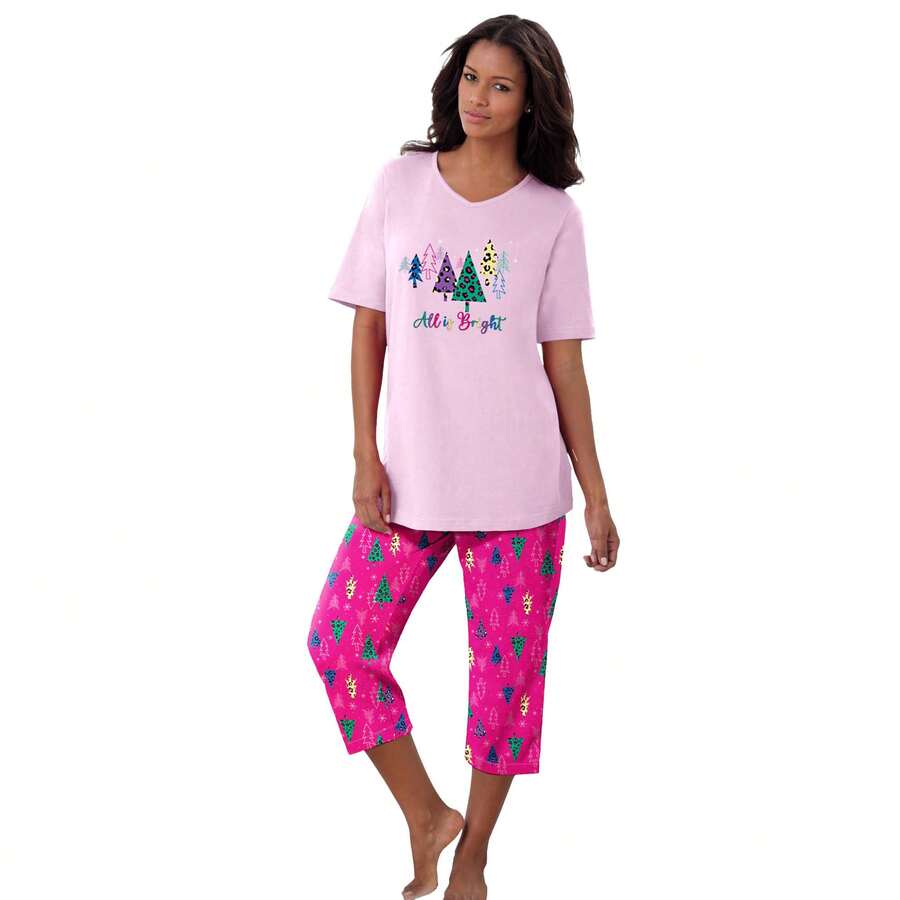 Dreams & Co. Plus Size 2-Piece Capri PJ Set - SKY BLUE WINTER CAT - View 1