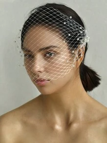 Vintage Style White Pearl Birdcage Bridal Veil, Elegant Women's Hair Accessory Veil For Wedding, Party, Banquet