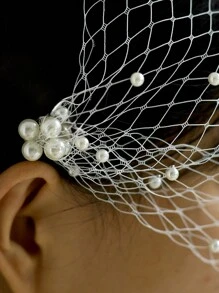 Vintage Style White Pearl Birdcage Bridal Veil, Elegant Women's Hair Accessory Veil For Wedding, Party, Banquet