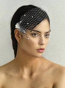 Vintage Style White Pearl Birdcage Bridal Veil, Elegant Women's Hair Accessory Veil For Wedding, Party, Banquet