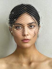 Vintage Style White Pearl Birdcage Bridal Veil, Elegant Women's Hair Accessory Veil For Wedding, Party, Banquet