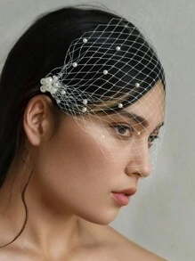 Vintage Style White Pearl Birdcage Bridal Veil, Elegant Women's Hair Accessory Veil For Wedding, Party, Banquet