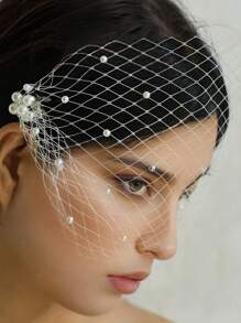 Vintage Style White Pearl Birdcage Bridal Veil, Elegant Women's Hair Accessory Veil For Wedding, Party, Banquet