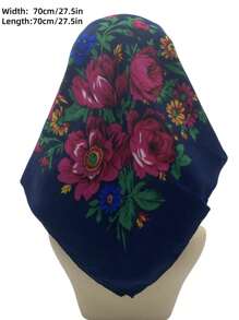 Velo de mujer de 27.5"x27.5" con estampado tradicional de peonía en rojo, multicolor y negro, un pañuelo hijab de moda estilo bohemio - Multicolor - Ver 27