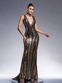 Missord Abito da sera da donna con scollo profondo a V, senza maniche e con schiena scoperta con paillettes