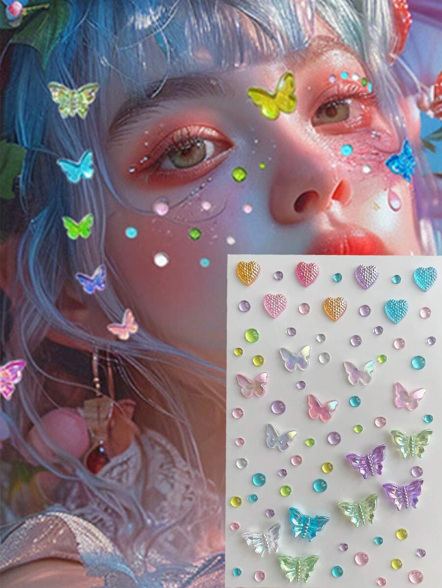 1 Piece Of Rhinestone Decoration 3D Butterfly, Heart, Rhinestone 3D Design Sticker, Perfect For Gatherings, Parties, Performances, And Other Facial Diamond Stickers - Multicolor - View 1