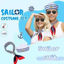 1pc (2 Colors Available) Blue Striped Sailor Hat Ideal For Captain Role Play, Yacht Party With Adjustable Size, And White Striped Handkerchief & Bow Tie - Perfect For Halloween And Costume Parties