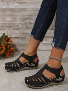 Women's Thick Platform Sandals, Sexy Hollow Out Design Mid-Heel Black Closed Toe Slip-On Shoes For Mothers