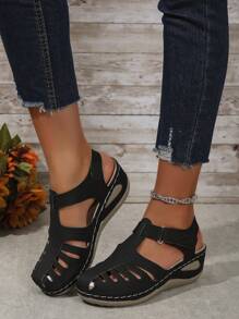 Women's Thick Platform Sandals, Sexy Hollow Out Design Mid-Heel Black Closed Toe Slip-On Shoes For Mothers