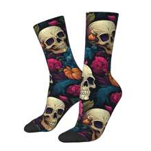 1 par de calcetines divertidos y alegres para hombres con estampado de calaveras y flores, estilo callejero vintage de Harajuku, patrón llamativo, regalo de calcetines locos estampados