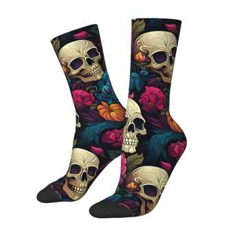 1 par de calcetines divertidos con estampado de calaveras felices y flores para hombre, estilo callejero vintage de Harajuku, calcetines locos con estampado novedoso, regalo de otoño