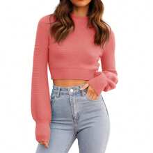Womens Sexy Crew Neck Cropped Sweaters Ribbed Knit Long Sleeve Crop Tops Pullover - Pink - View 1