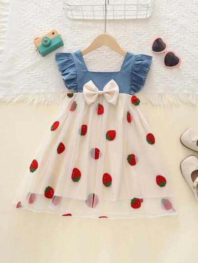 Young Girl Casual Fashion Butterfly Sleeve Bowknot Patchwork Strawberry Embroidered Mesh Denim Dress, Summer
