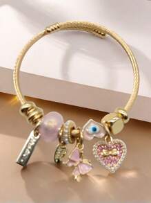 1 件女士手工串珠手链，采用不锈钢制成，带蝴蝶和心形细节 - 可调节，适合日常佩戴情人节