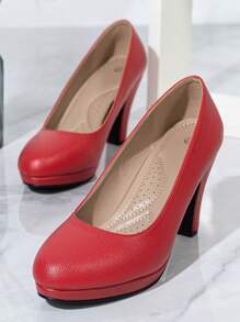 Women's Red Low Vamp High Heels, Waterproof Platform Slip-On Office Shoes