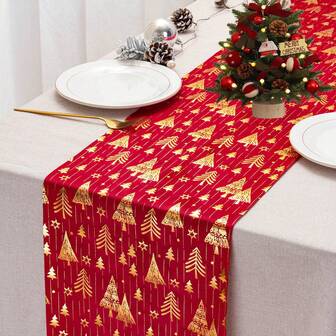 1pc Gold Foil Christmas Table Runner, Multiple Color Options With Snowflake Gold Foil Pattern, Suitable For Christmas, New Year, Celebrations, Family Gatherings, Dinner Table Decor To Create A Warm Atmosphere