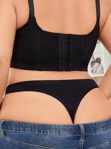 HANQIYA 4pcs Women's Plus Size Black Solid Color Thong Panties, Elegant & Simple, Moisture-Wicking & Breathable