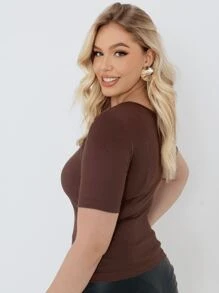 Women's Short Sleeve O-Neck Blouse In Ribbed Knit Basic Casual Comfortable - 棕色的 - 查看 2