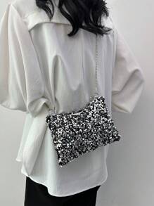 Fashionable Glittering Sequin Rectangular Women's Handbag, New Personalized Versatile Zipper Crossbody Bag, Niche Design Chain Clutch Purse - Multicolor - View 3
