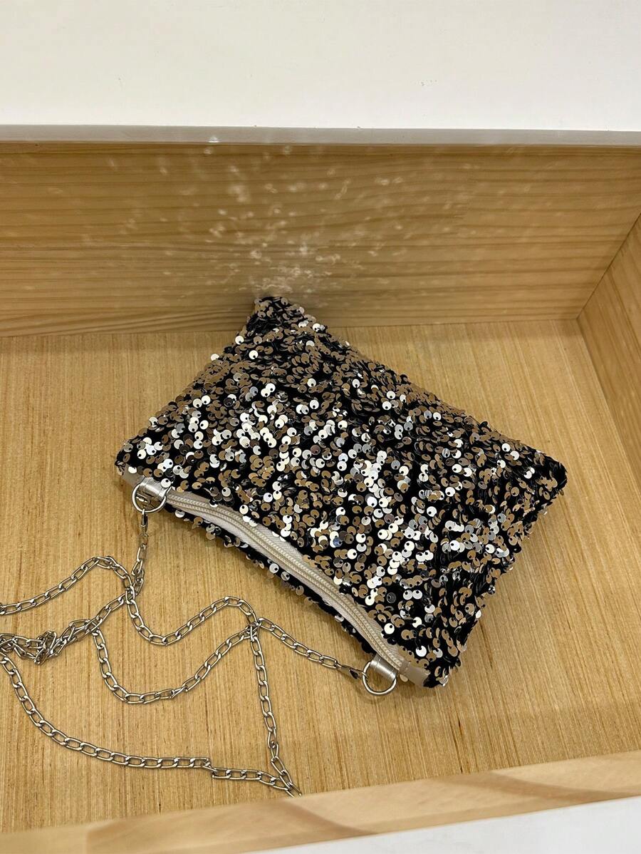 Fashionable Glittering Sequin Rectangular Women's Handbag, New Personalized Versatile Zipper Crossbody Bag, Niche Design Chain Clutch Purse - Multicolor - View 1