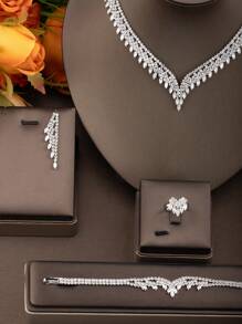 1 Set Elegant Arabic Style Cubic Zirconia Leaf Shape Jewelry Set, Suitable For Women's Wedding, Banquet And Party Wear (Exclude Gift Box) - Silver - View 2